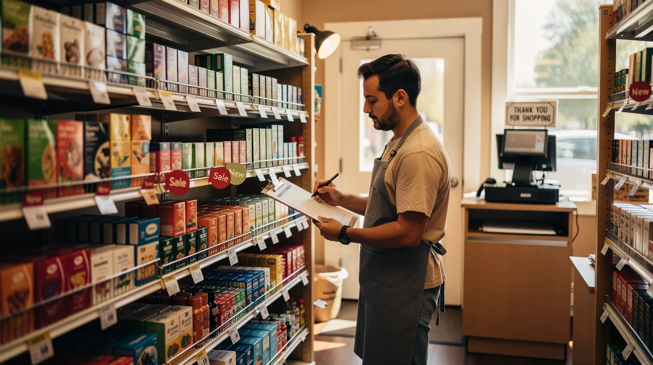 fa6cd1fd 2676 4cec b6de 2ce33c9be075 The image depicts a small retail shop with a business owner carefully organizing inventory on shelves, showcasing a vibrant assortment of products. This setting reflects the entrepreneurial spirit often supported by financial institutions through various business loans, including mudra loans, to assist in the growth of small businesses.