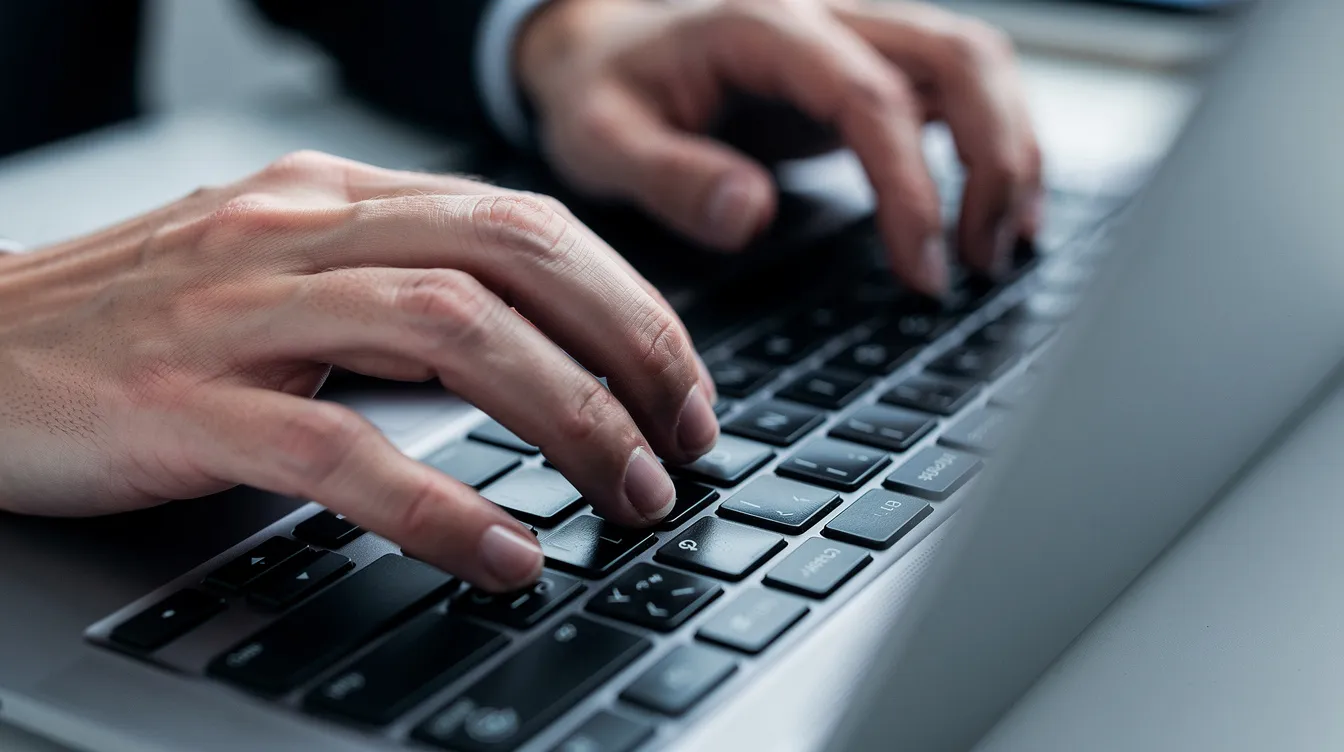 Eine Nahaufnahme von Händen, die auf einer Laptop-Tastatur tippen, zeigt die Interaktion mit einem digitalen Gerät, möglicherweise um eine E-Mail-Adresse für den Zugang zum Kundenportal von enstroga einzugeben. Die Hände sind auf den Tasten positioniert, während der Bildschirm im Hintergrund möglicherweise Informationen zu Stromtarifen oder Angeboten anzeigt.