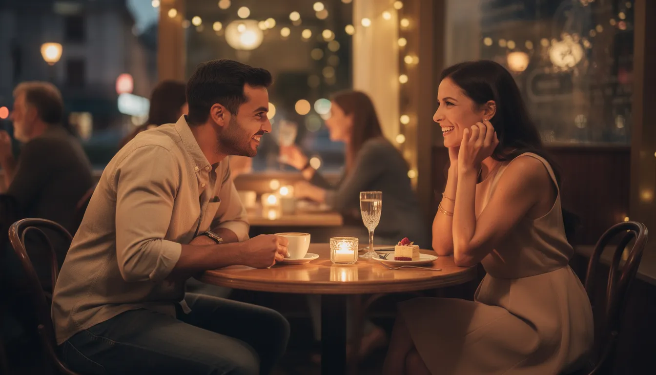 A couple is sitting at a cozy café on their first date, engaged in deep conversation, showcasing their mutual support and shared interests. Their body language reflects physical attraction and a desire for effective communication, hinting at the potential for a romantic relationship based on true compatibility.