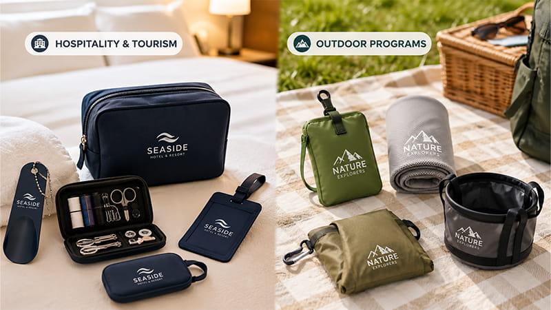 Hotel travel accessories and outdoor picnic gifts displayed in two settings, including pouches, a sewing kit, shoehorn, cooling towel, picnic mat, and reusable cup