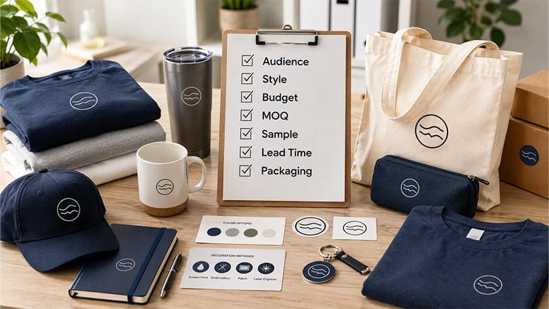 Merch ordering checklist with apparel, tote bag, drinkware, notebook, pouch, sample, lead time, and packaging.