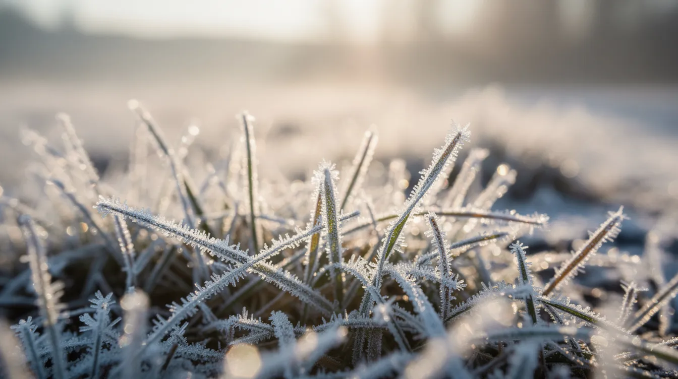 Frost-covered grass blades glisten in the early morning winter sunlight, creating a sparkling scene that highlights the beauty of a healthy lawn during the cold months. This delicate frost is a reminder to stop cutting grass until the temperatures warm up, allowing the grass to retain soil moisture and nutrients.