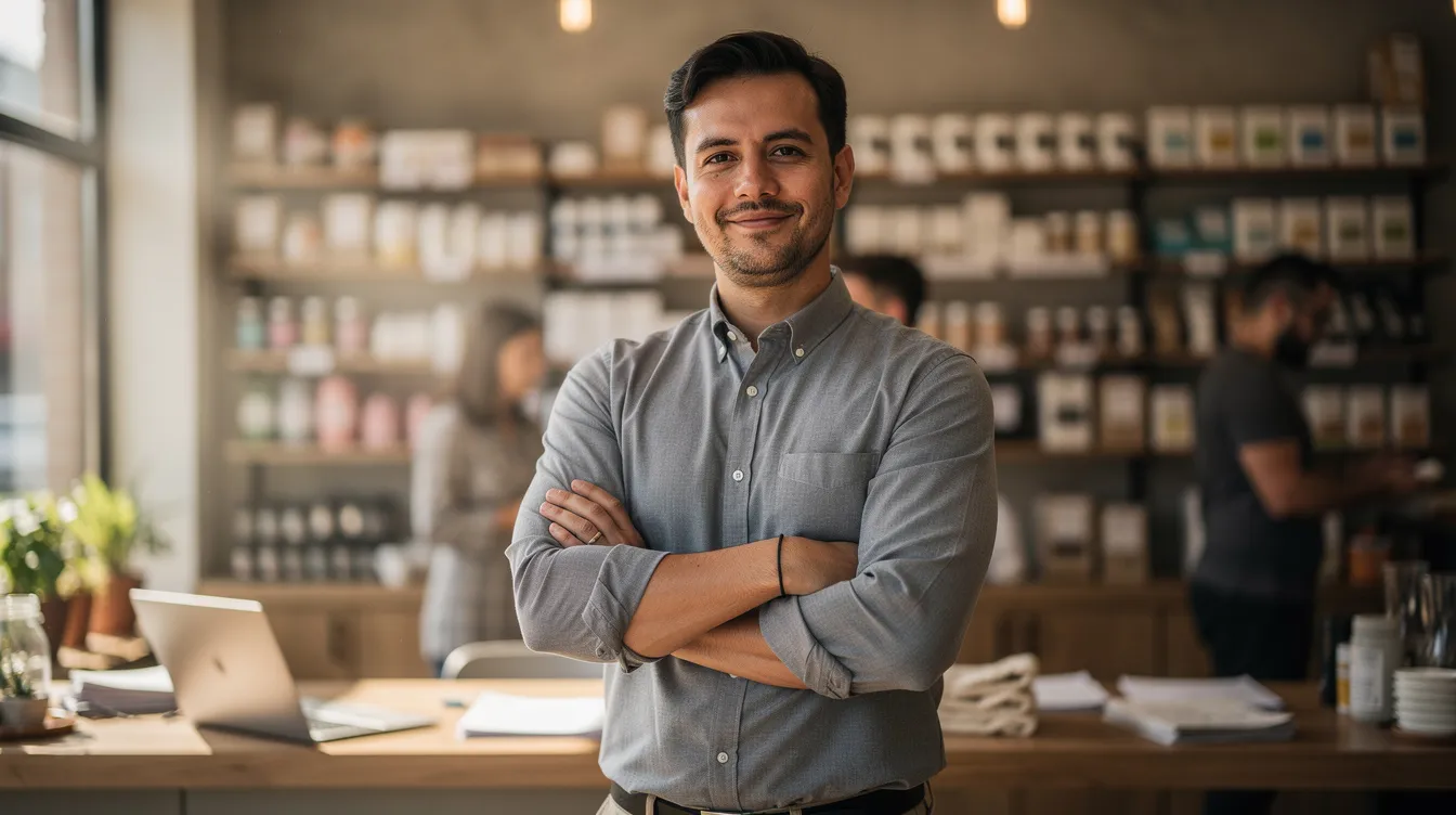 A confident small business owner stands proudly in their workspace, embodying success after securing pending funding to enhance their operations. The image captures the essence of entrepreneurship, highlighting the potential for growth and the ability to leverage resources and assistance effectively in a competitive industry.