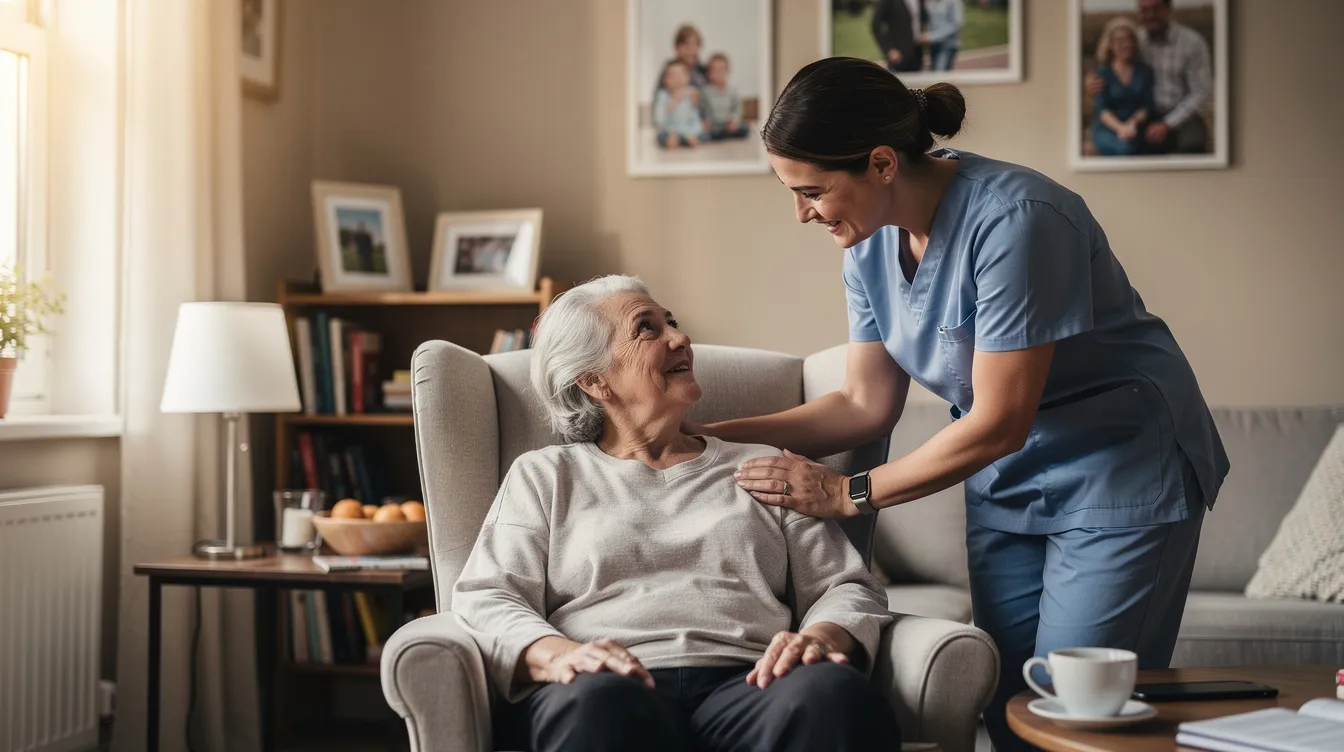 An elderly senior sits comfortably at home with their caregiver, engaging in a warm conversation. The scene highlights the importance of personal alarm systems and monitoring devices that provide peace of mind for both the elderly and their loved ones, ensuring safety and support in independent living.