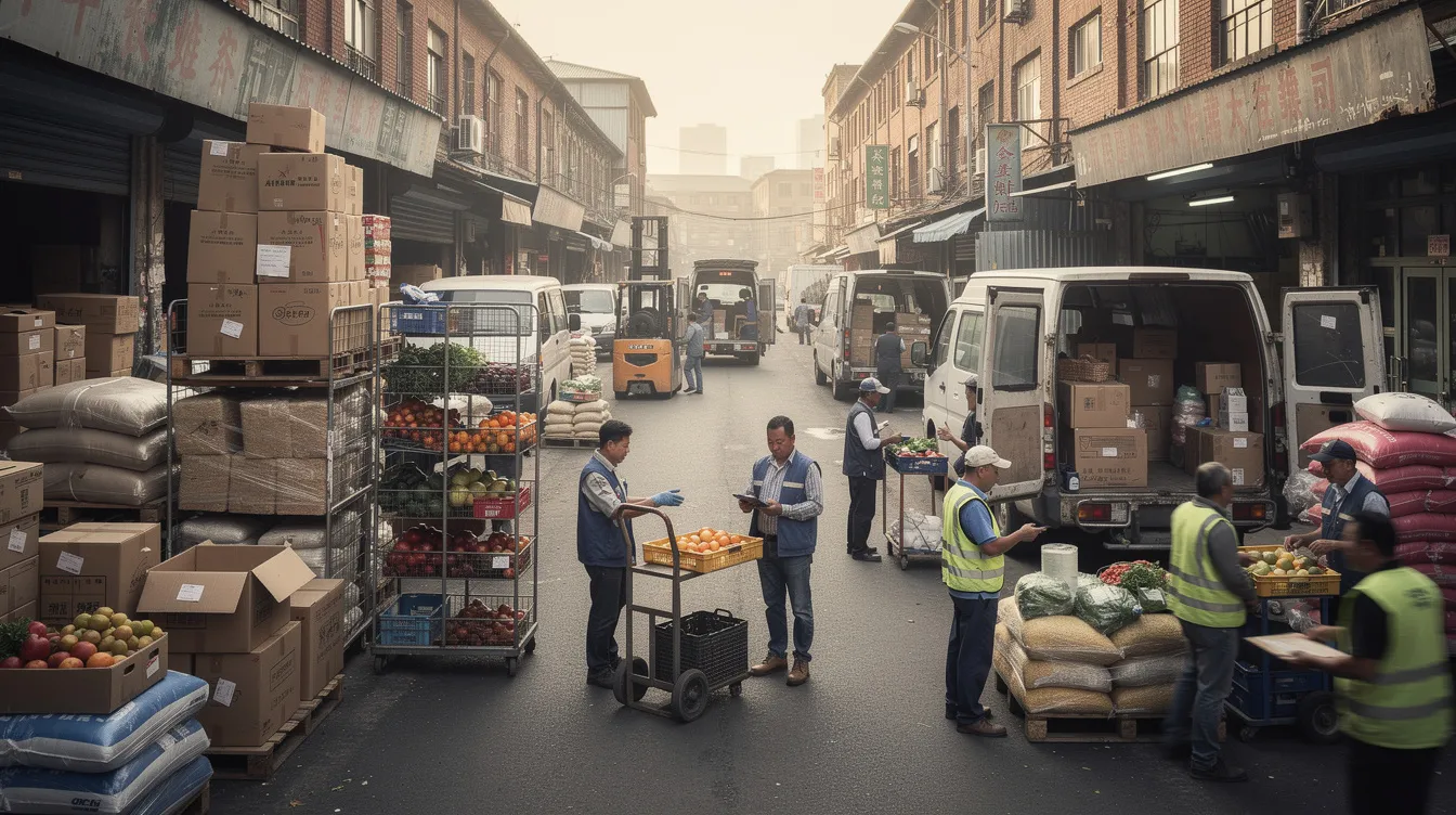 The image depicts a bustling wholesale market street in Delhi NCR, filled with stacked goods, delivery vehicles, and vendors actively negotiating prices. This vibrant scene showcases the market's high demand and diverse business opportunities, highlighting the potential for aspiring entrepreneurs in various sectors, including retail and food businesses.