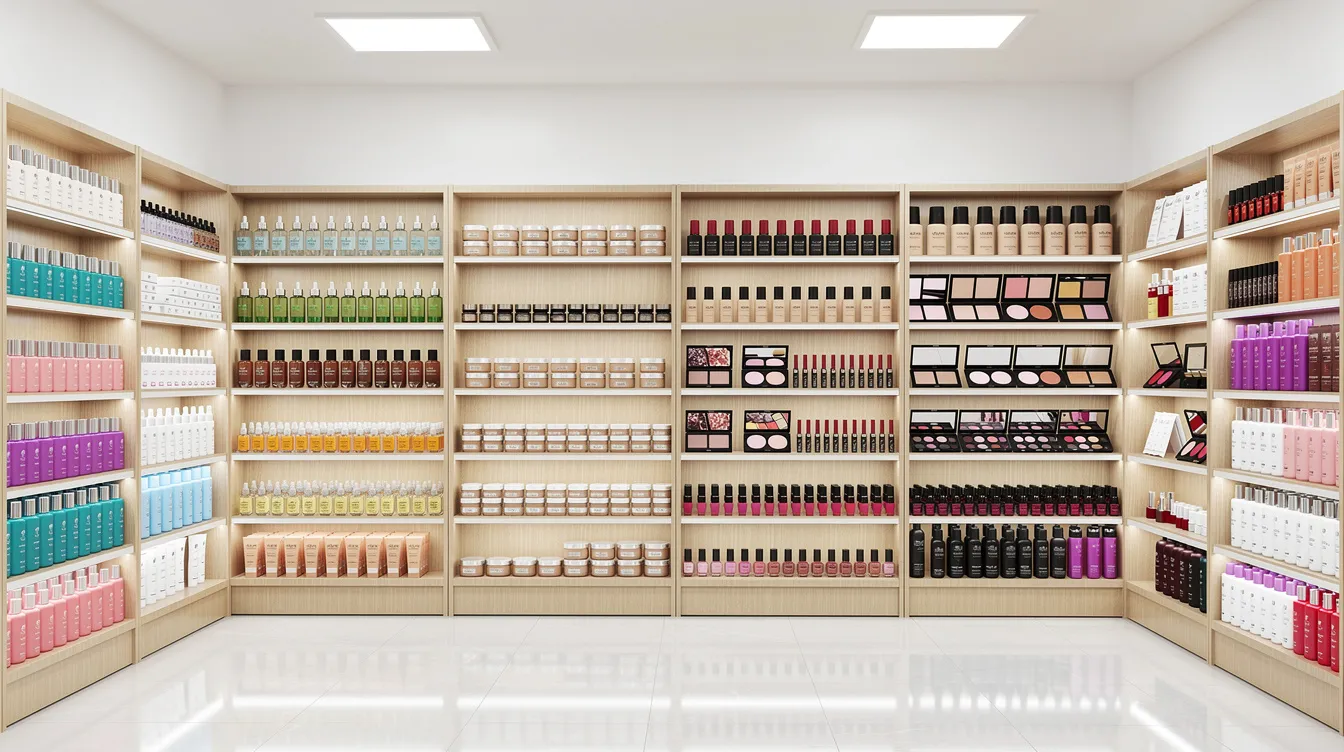 The image showcases a variety of beauty and cosmetics products neatly arranged on wholesale display shelves, highlighting an array of items ideal for retail stores and wholesale distribution businesses. This visually appealing setup reflects the profitable wholesale business model, catering to market demand for beauty products.