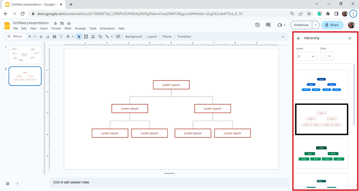 Once the "Hierarchy pane appears on your right select, select your desired layout for your concept map
