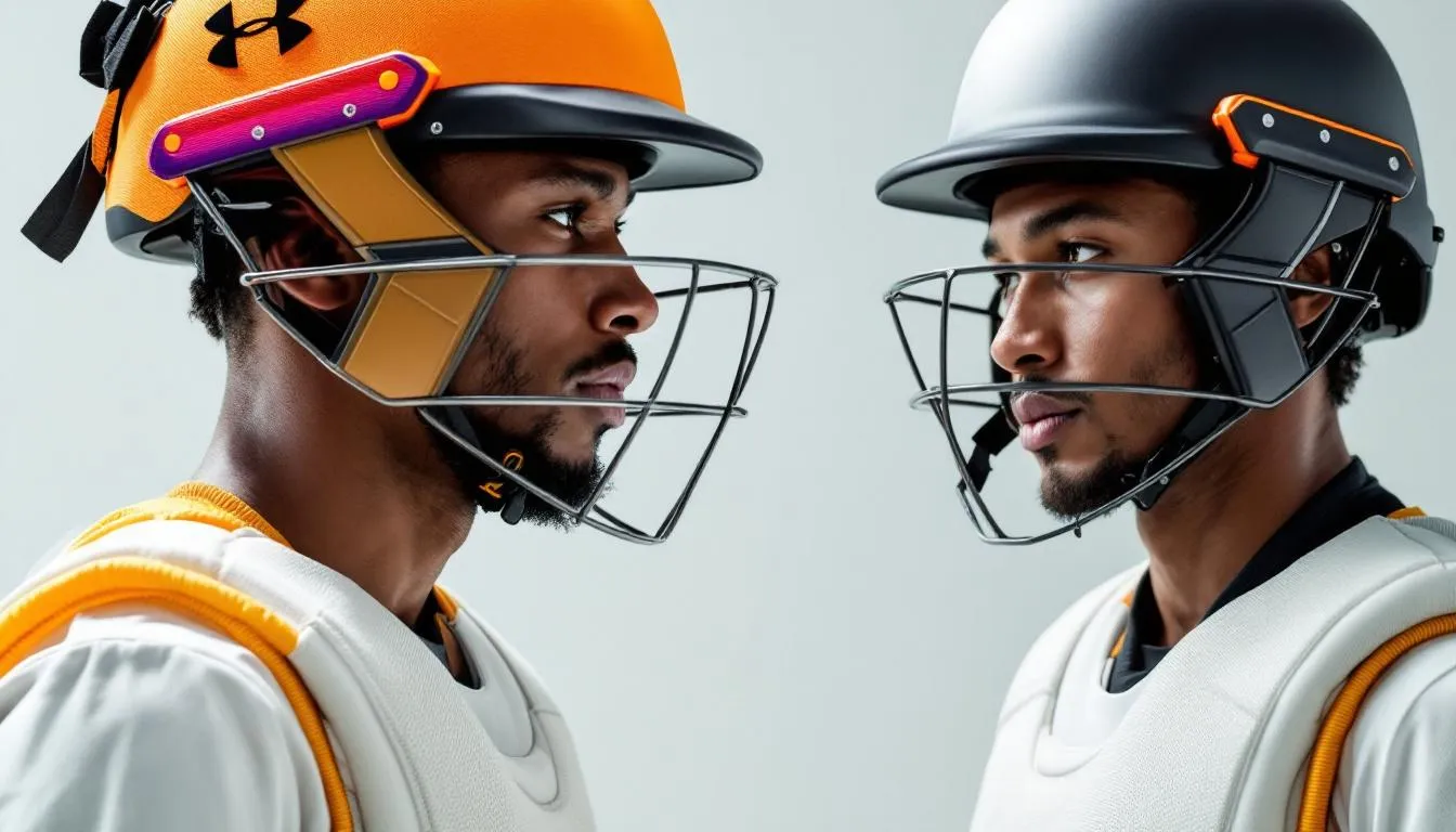 Protective gear for indoor cricket players including helmets and pads.