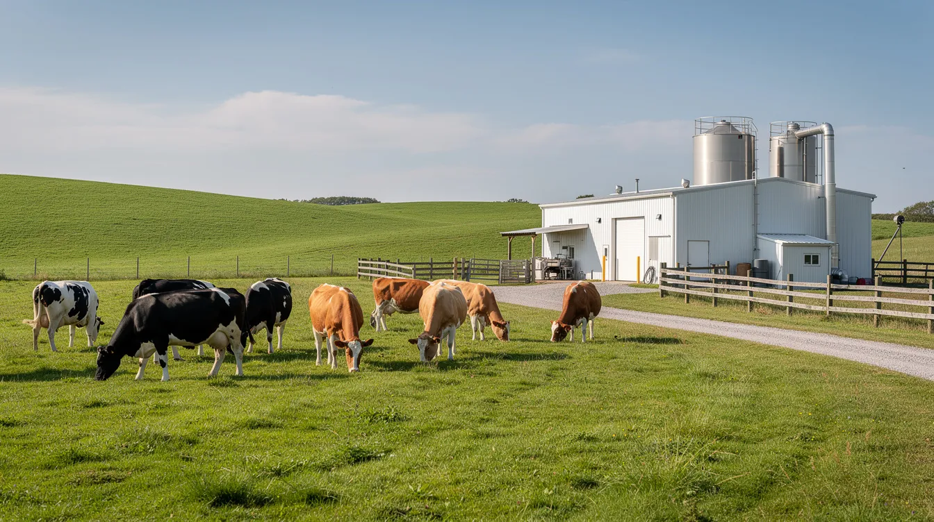 The image depicts dairy cattle peacefully grazing in a lush green pasture, with a rural processing facility visible in the background, highlighting the essence of dairy farming and the connection between livestock and dairy processing. This scene reflects the daily operations of a cow dairy farm, emphasizing the importance of milk production and the agricultural landscape.