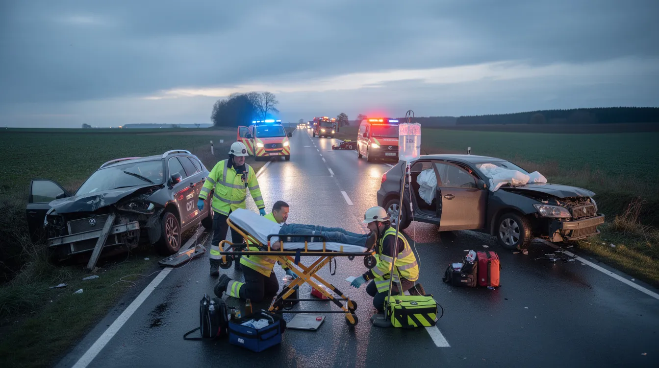 Emergency responders are attending to a crash scene on a rural road, where two vehicles have collided, highlighting the potential for catastrophic injuries and the need for immediate medical intervention. The image reflects the chaos and urgency often associated with motor vehicle accidents, which can lead to emotional trauma and significant medical expenses for those involved.