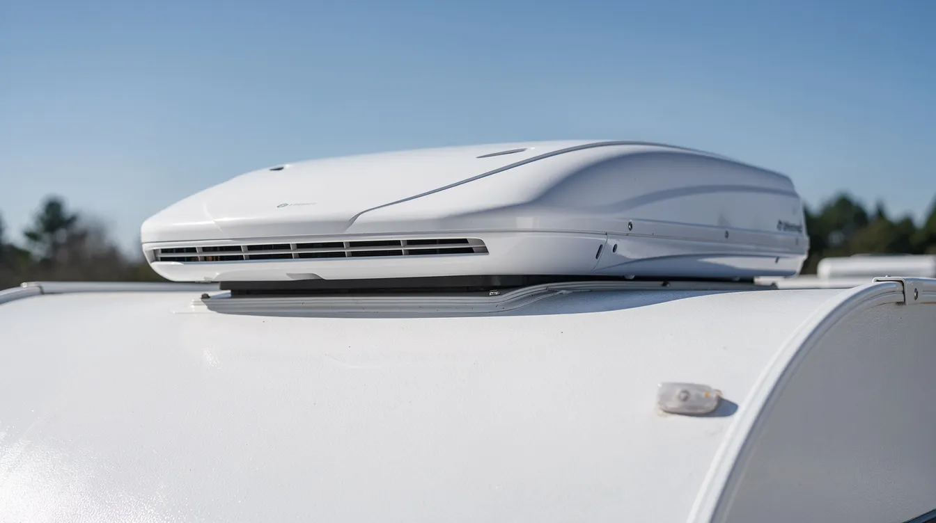 A close-up view of a white rooftop RV air conditioning unit mounted on top of a motorhome, showcasing its entire AC unit against a bright, sunny sky. This rooftop AC unit is essential for providing cool air inside the RV, especially during warm days at the campground.