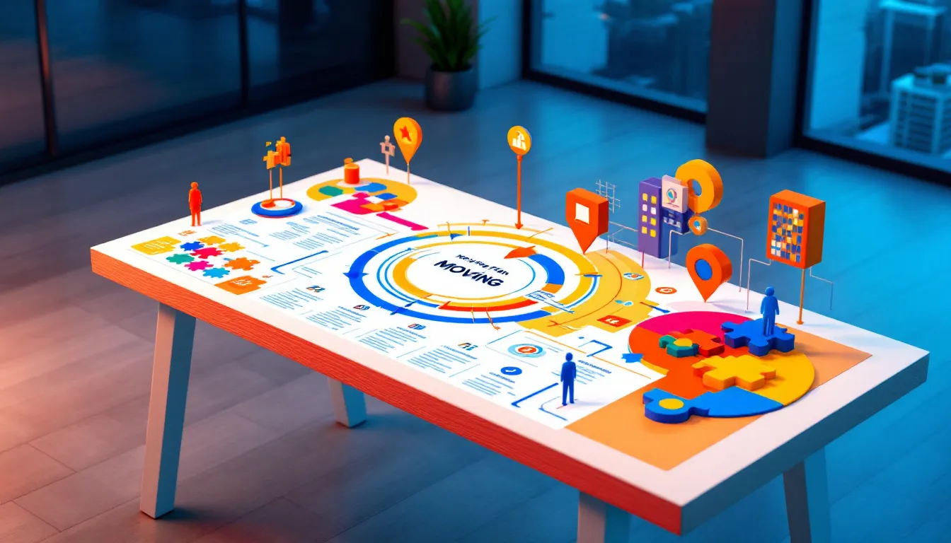 A detailed moving plan laid out on a desk for an office relocation.