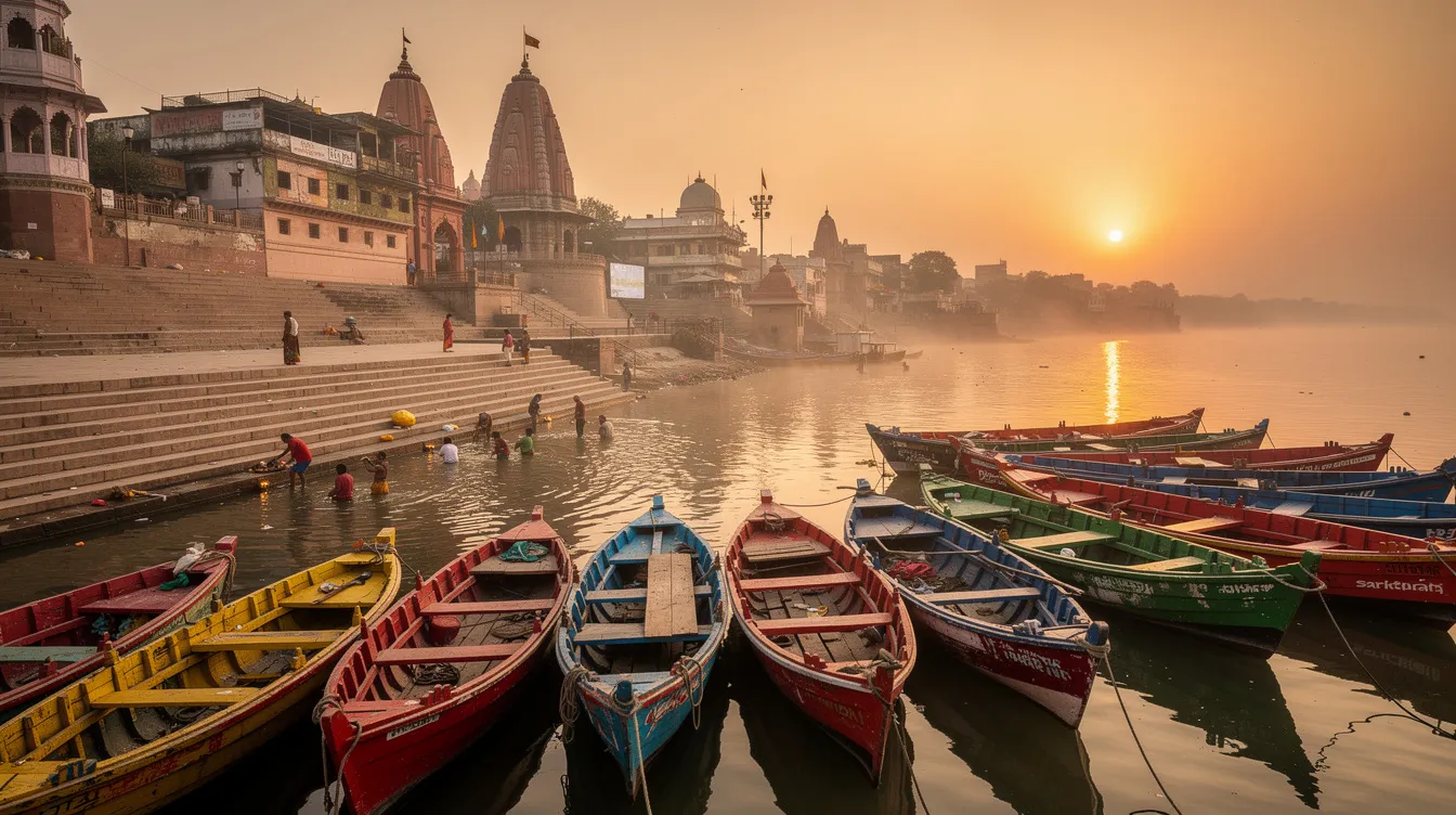 The image depicts colorful boats neatly lined along the ghats of Varanasi at sunrise, with majestic temples in the background, creating a serene and vibrant atmosphere. This scene captures the essence of Indian tourism, inviting foreign nationals to visit India and experience its rich cultural heritage.