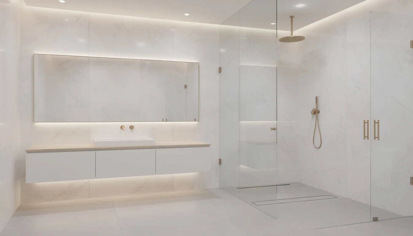 Een moderne luxe badkamer met grote marmerlook wandpanelen die zorgen voor een strakke en stijlvolle uitstraling. De wandpanelen zijn speciaal ontworpen voor vochtige ruimtes en bieden een onderhoudsvriendelijke oplossing boven de bestaande tegels.