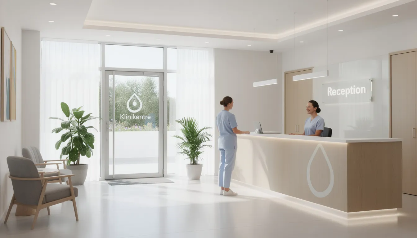 En välkomnande klinikentré med en modern reception där patienter kan boka sina besök och få information om olika undersökningar, såsom magnetröntgen och röntgen av handen. Det är en plats som gör det möjligt för patienter att få rätt behandling för sina besvär och skador.