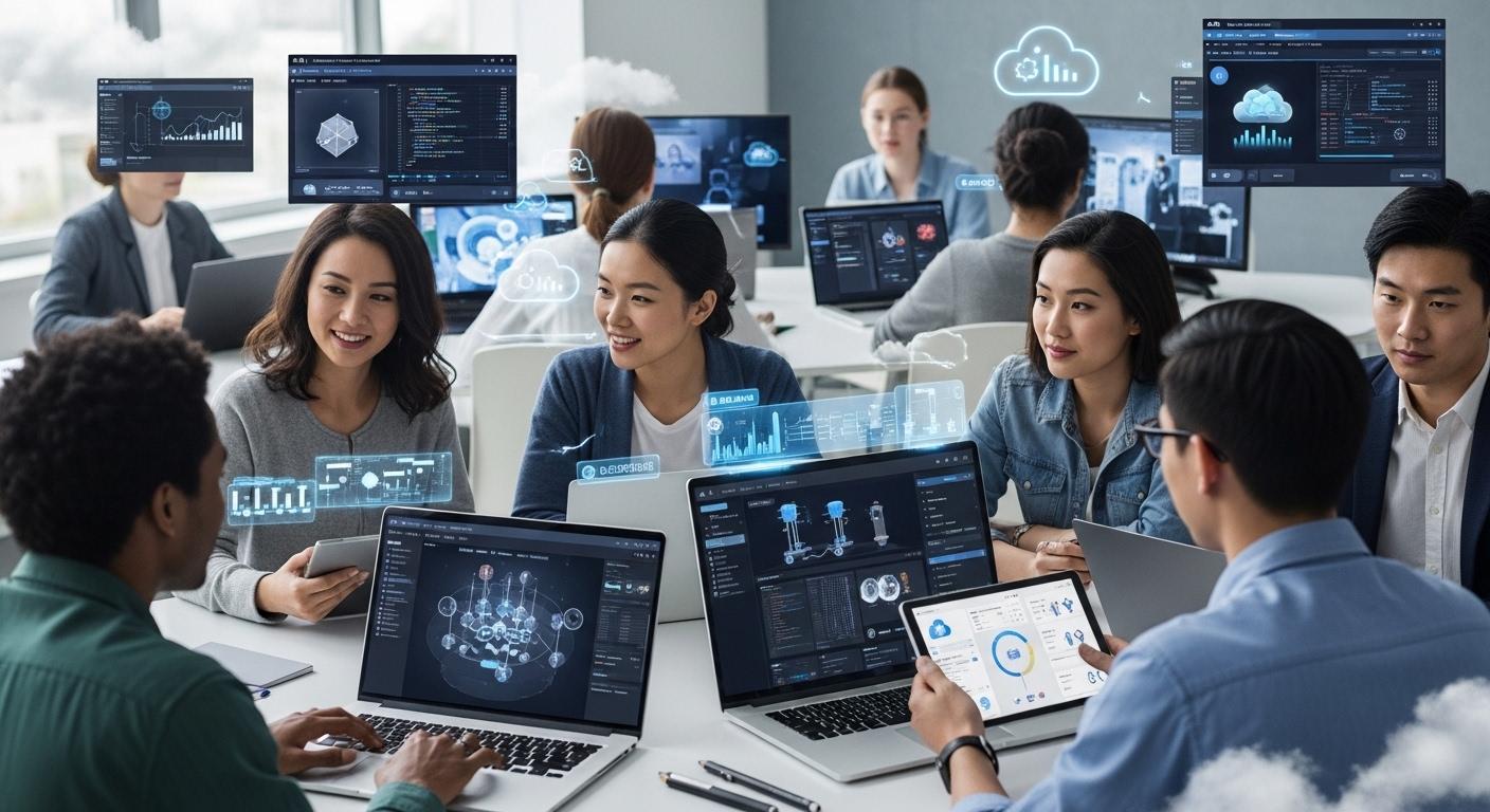 Diverse learners collaborating in cloud-hosted virtual labs with interactive simulations, real-world practice environments, and AI-powered learning analytics