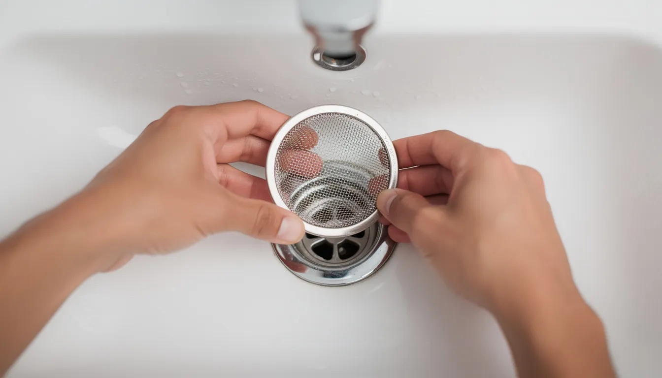A pair of hands is carefully installing a mesh drain screen over a bathroom sink drain to prevent future blockages and maintain proper flow in the plumbing system. This simple yet effective step is part of routine maintenance to avoid clogged drains and plumbing problems.