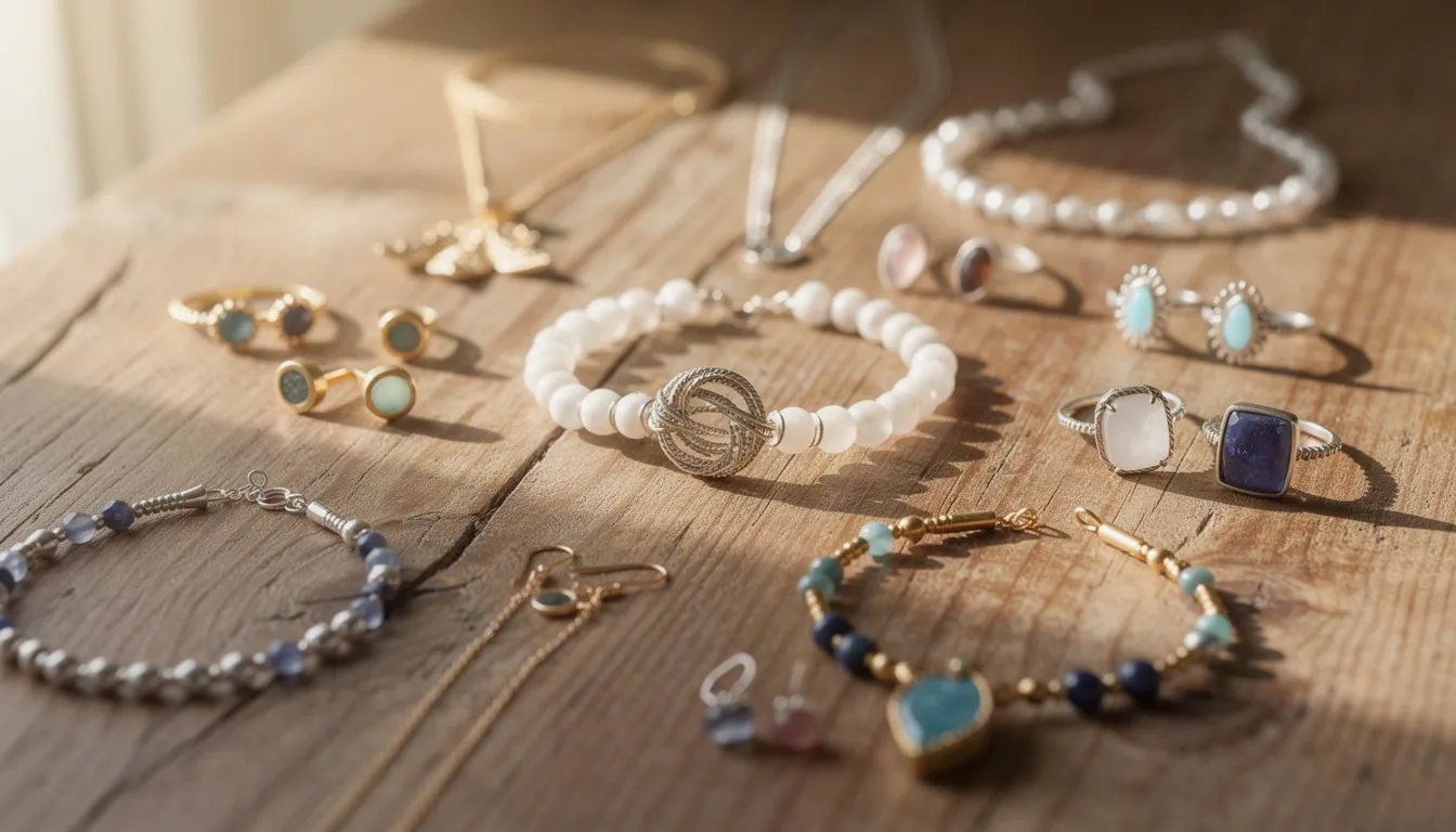 Un assortiment de bijoux artisanaux variés, comprenant des boucles d'oreilles, des colliers et des bracelets, est soigneusement disposé sur une surface en bois naturel. Chaque pièce reflète le savoir-faire et l'originalité de la créatrice, mettant en avant des matériaux de qualité et des couleurs harmonieuses.