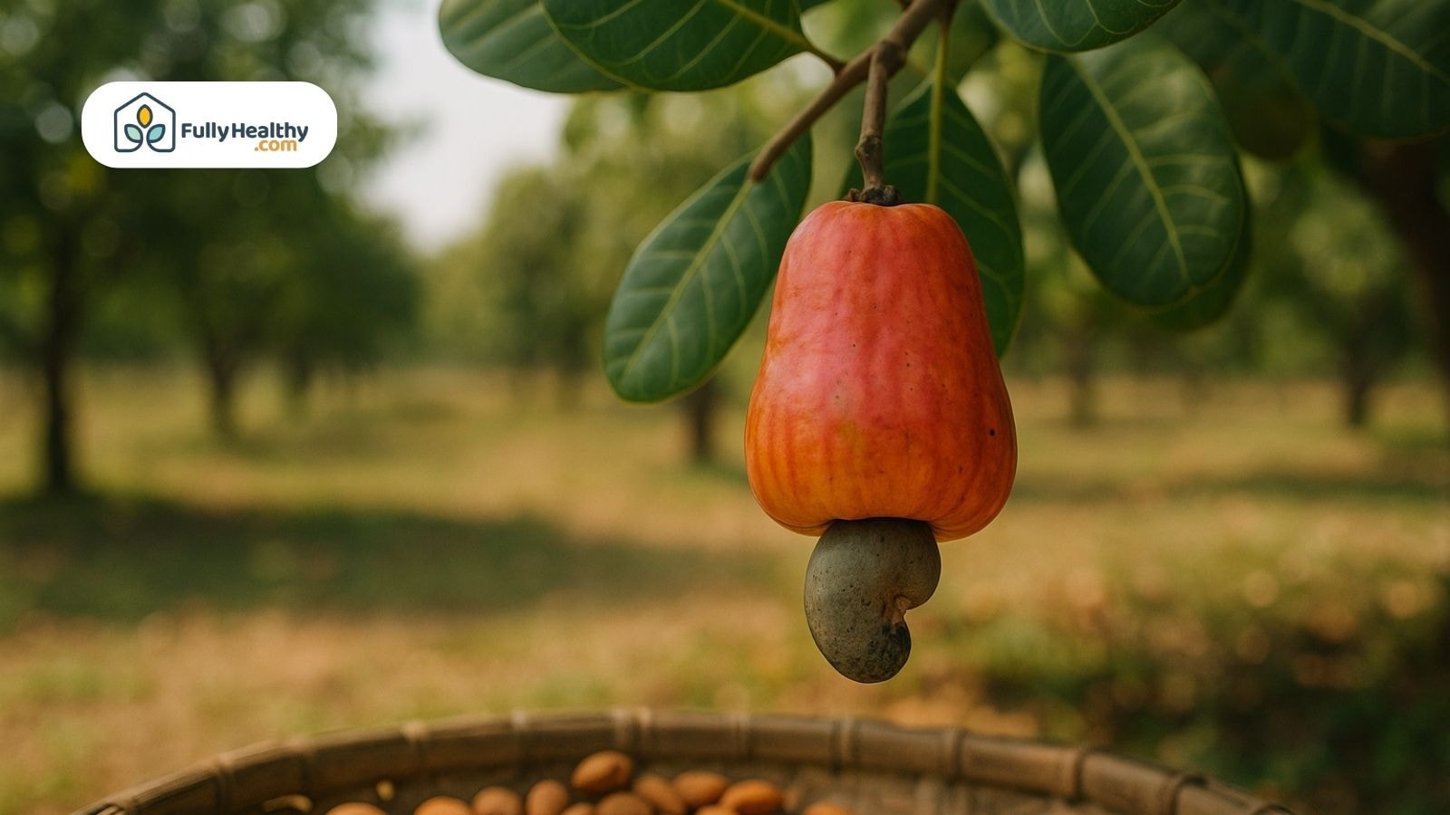 Cashew apple on a tree with the attached raw cashew nut beneath the fruit.