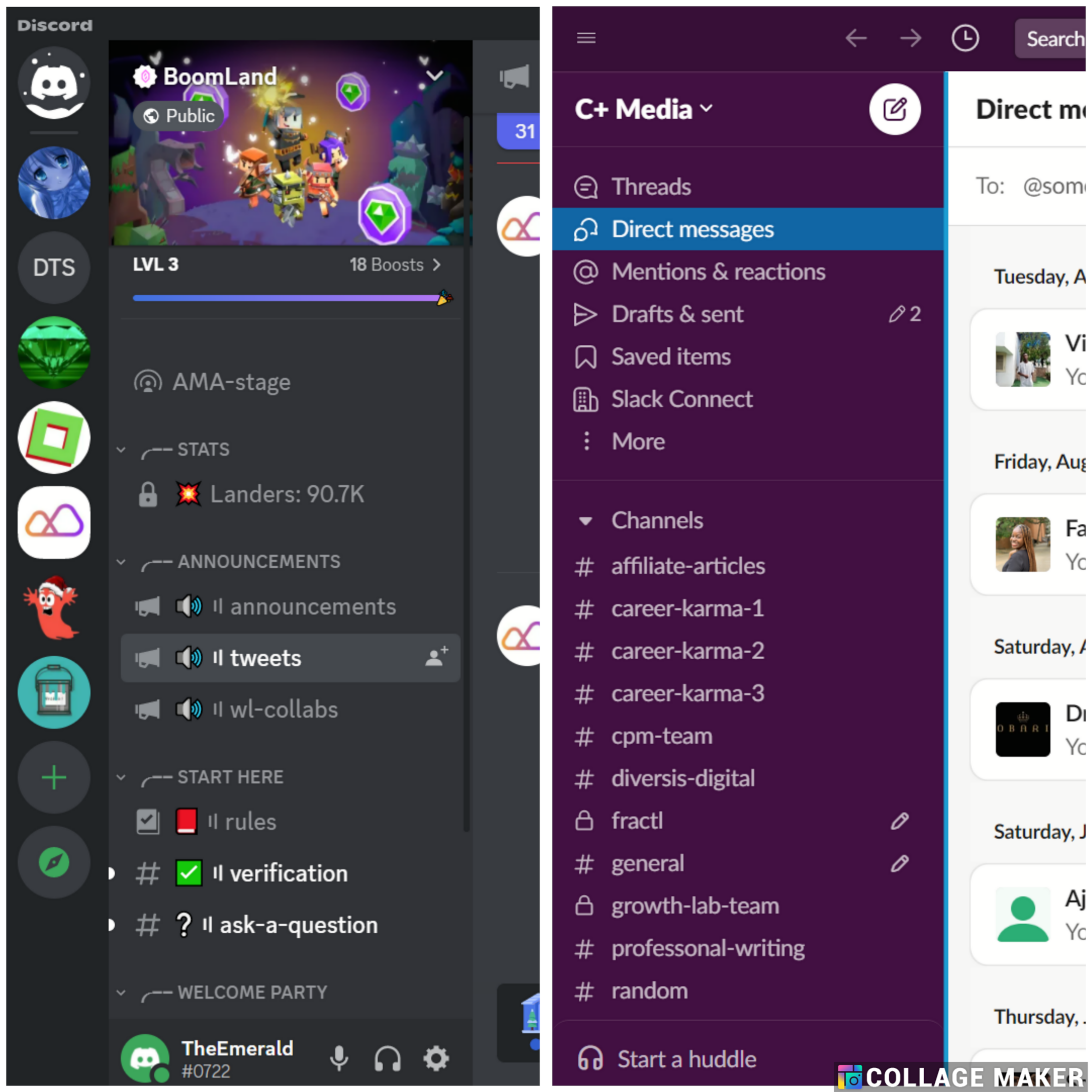 A screenshot comparing Discord and Slack channel layouts