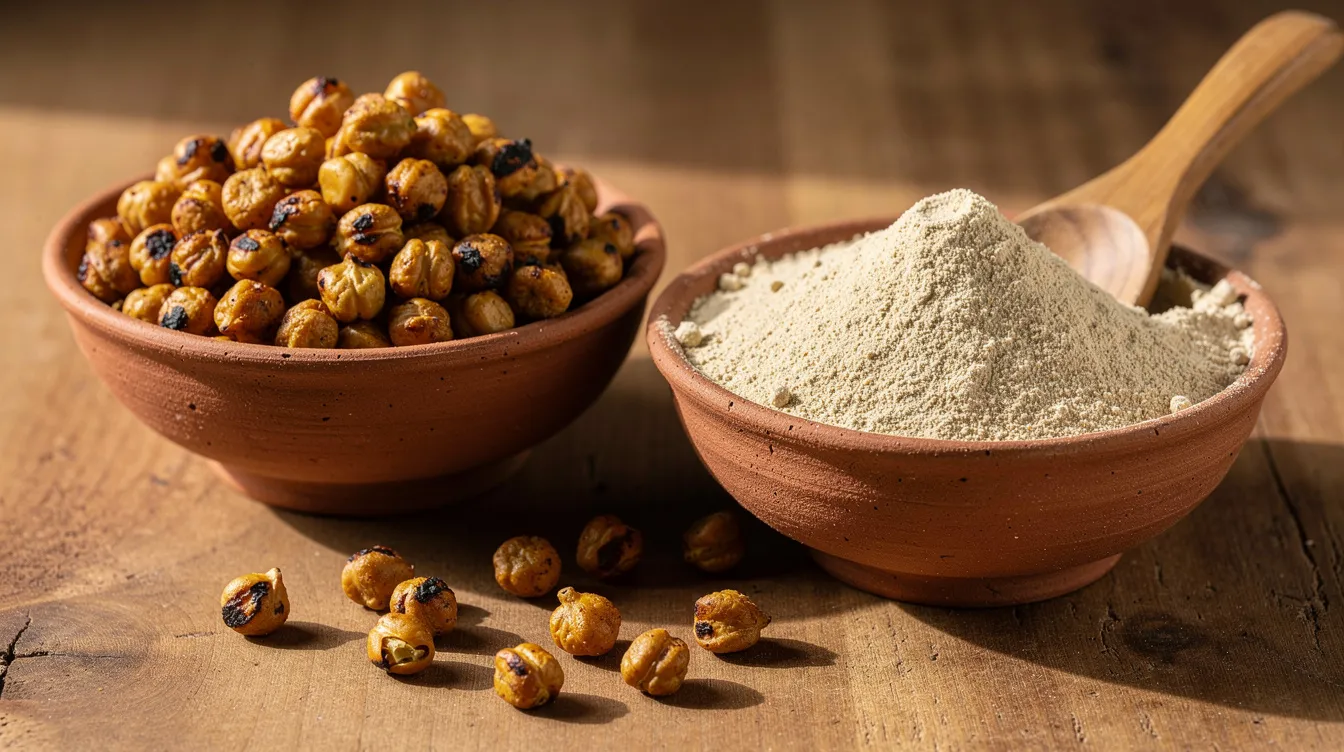 The image features traditional earthen bowls filled with roasted chickpeas and sattu flour, arranged on a wooden surface, showcasing healthy food options that are popular in the food processing industry. This visual highlights the raw materials essential for the sattu manufacturing process, emphasizing the economic product potential and investment opportunities within the market.