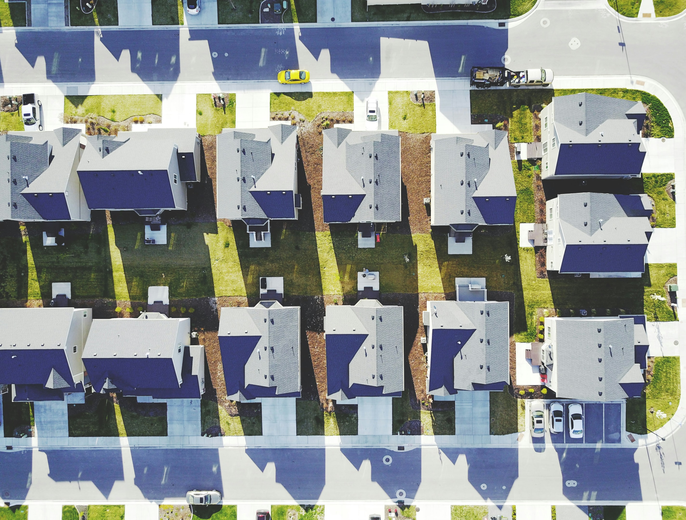 Aerial view of suburban neighborhood.