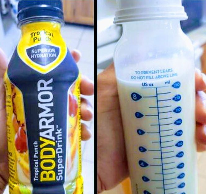Image showing the BodyArmor Drink and a bottled breast milk