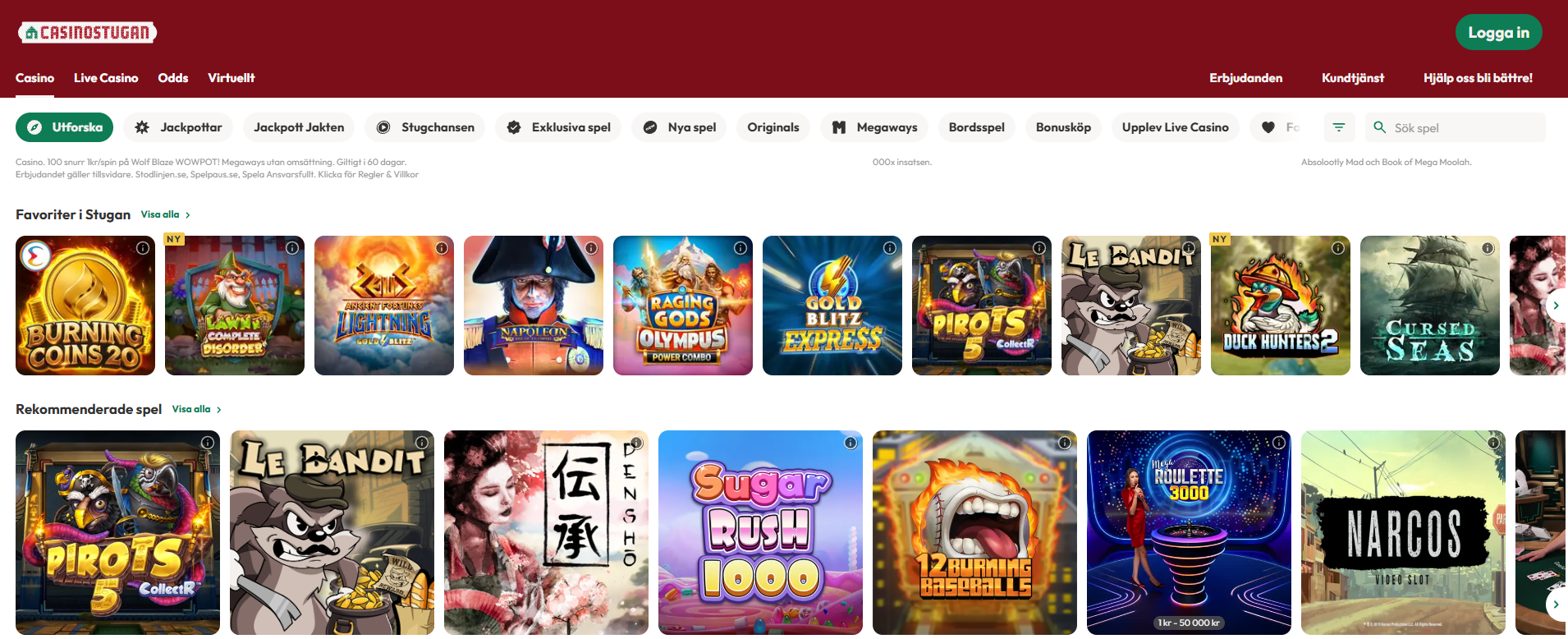 Casinostugans spelutbud med favoriter, rekommenderade spel och flera spelkategorier.