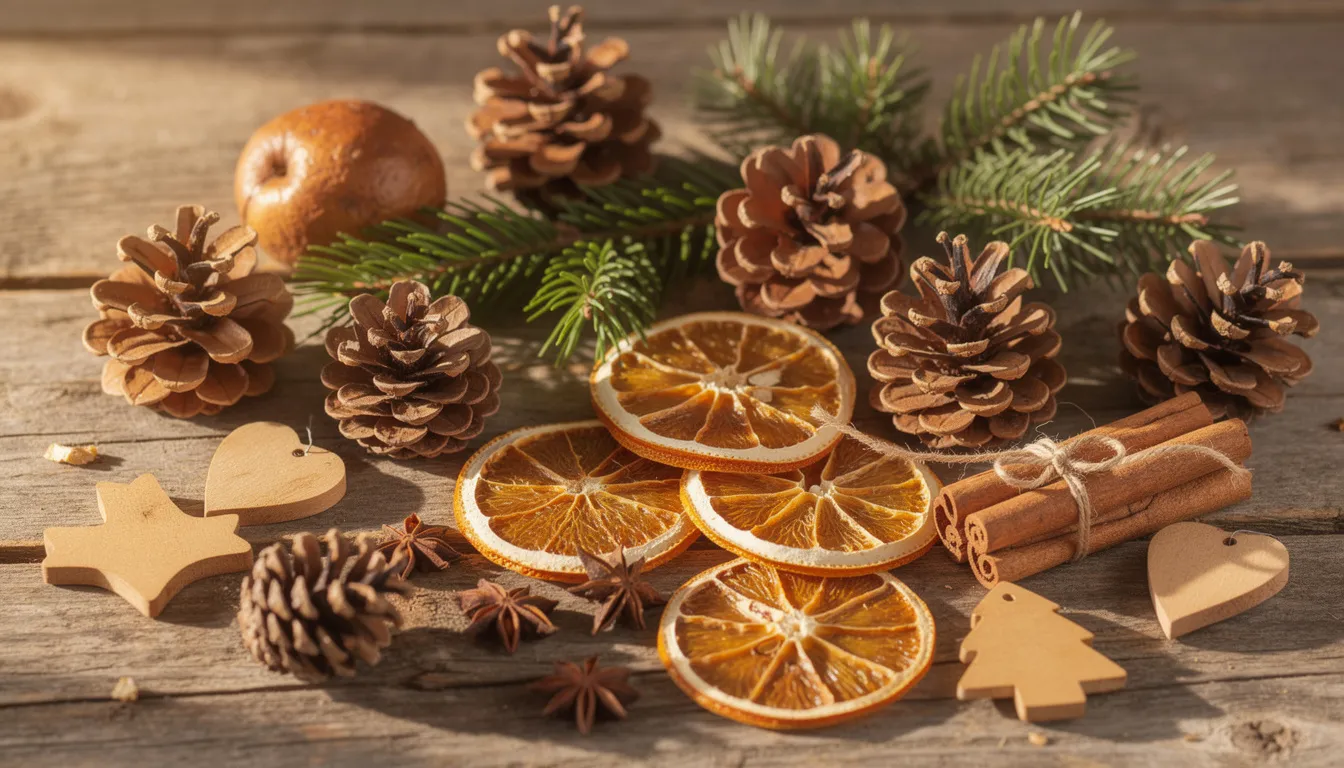 A beautiful arrangement of natural Christmas decorations features pinecones, dried orange slices, and handmade wooden ornaments artfully displayed on a rustic wooden table, showcasing eco-friendly and sustainable materials for holiday decor. This festive setup embodies the charm of natural Christmas decor, perfect for celebrating the holiday season.