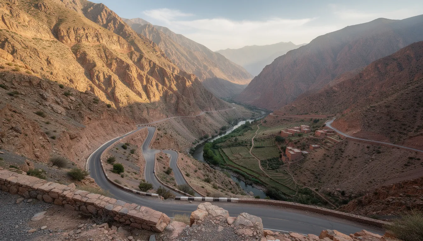 The image depicts a winding mountain road snaking through the breathtaking High Atlas Mountains, offering dramatic views of the valleys below. This picturesque landscape is a highlight for those on Morocco tours, showcasing the stunning natural beauty that makes a trip to Morocco unforgettable.
