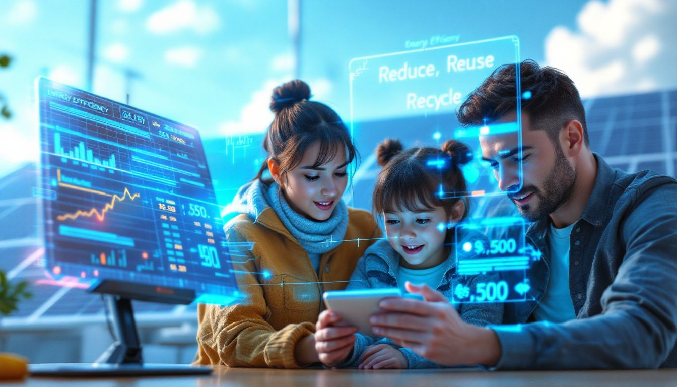 A family reviewing their electricity bills, showcasing the economic benefits of solar power for homeowners.