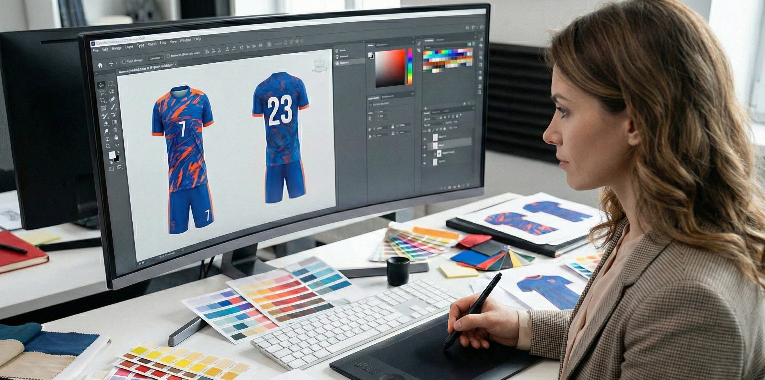 Un diseñador profesional se dedica a crear diseños personalizados para camisetas de fútbol en una estación de trabajo informática, rodeado de diversas herramientas y materiales de diseño. La pantalla muestra los vivos colores y logotipos de los clubes, mostrando el proceso de creación de equipaciones de fútbol a medida que reflejan la identidad de un equipo.