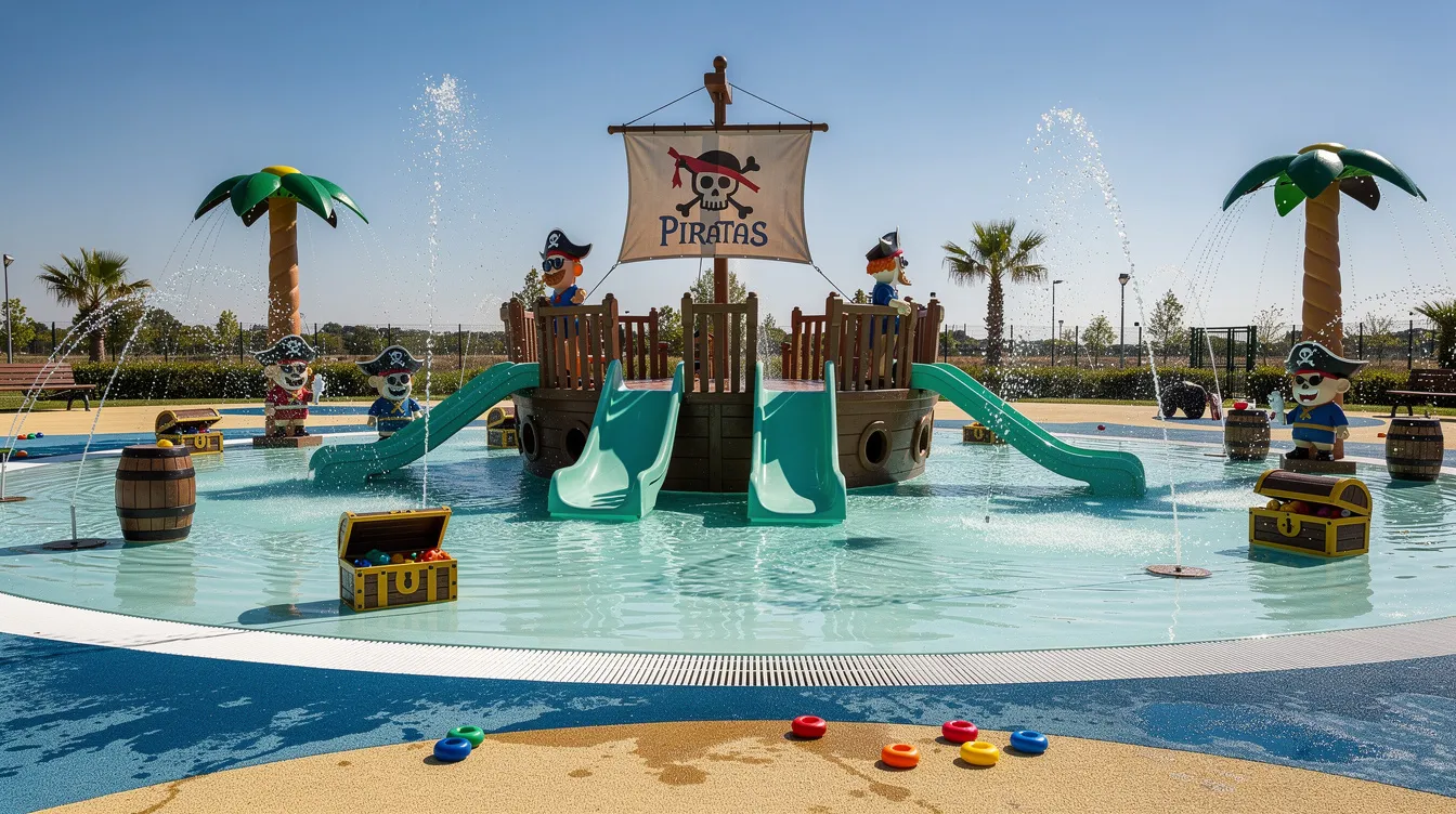Imagem de uma área infantil temática de piratas, com pequenos escorregadores e jatos de água em uma piscina rasa, proporcionando diversão para as crianças. O ambiente é alegre e colorido, ideal para famílias que visitam a cidade de Cracóvia.