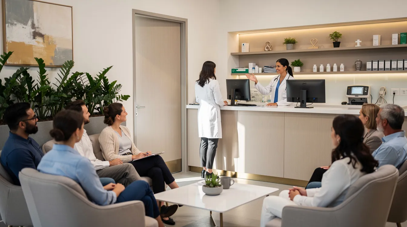 The image depicts a busy private medical practice filled with people waiting for appointments today, showcasing a sense of efficiency, trust, and well-being. The atmosphere reflects a successful business environment where clients feel supported and cared for.