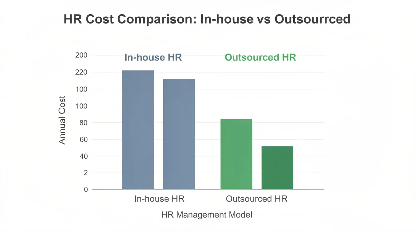 The image features a bar chart comparing the costs of in-house HR teams to those of outsourced HR services, highlighting the potential cost savings and efficiency gained through HR outsourcing. It visually emphasizes the financial advantages of delegating HR responsibilities to an external HR outsourcing provider, thus allowing businesses to focus on core operations.