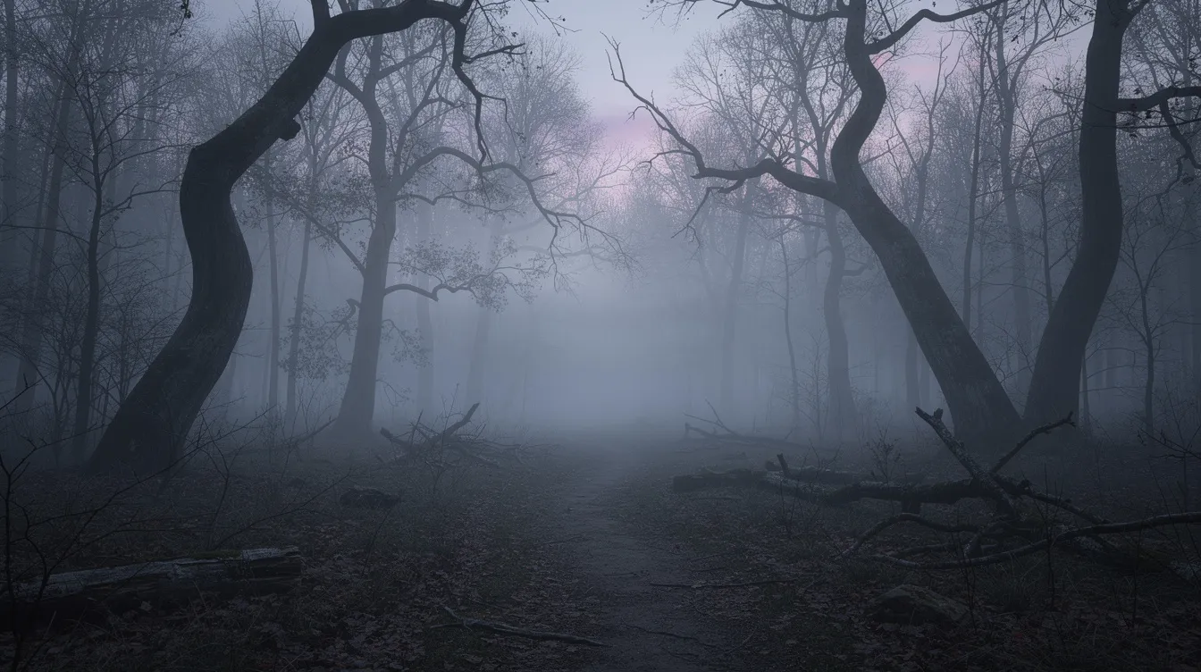 The image depicts a misty forest at dusk, featuring twisted bare trees and a narrow dirt path that leads into an ominous darkness, creating a creepy atmosphere reminiscent of indie horror games. This surreal setting evokes a sense of mystery and fear, perfect for fans of psychological horror and survival elements.