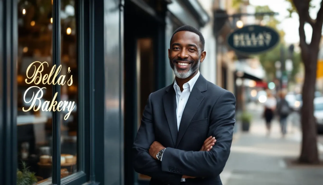 A small business owner stands confidently, showcasing their success after securing a small business loan, highlighting the importance of meeting minimum credit score requirements and understanding various loan options. The image reflects the positive impact of good credit on business financing and the owner's financial responsibility.