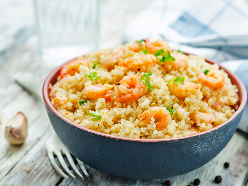 Shrimp, pesto, and quinoa bowl 