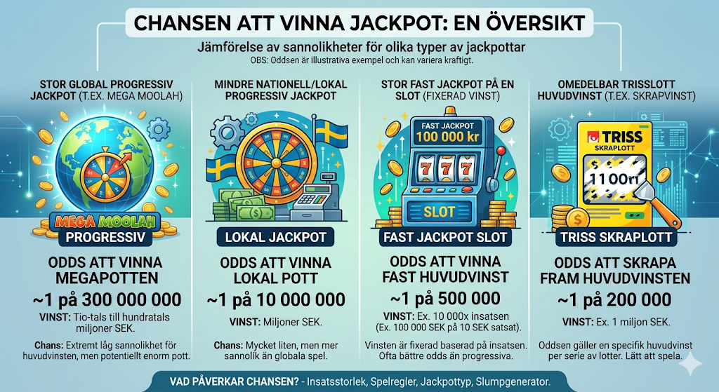 Översikt av chansen att vinna jackpot i olika typer av jackpottar som progressiva jackpots, Mega Moolah, fasta jackpottar och lokala jackpottar, med jämförelse av odds och vinstbelopp i casino slots online.