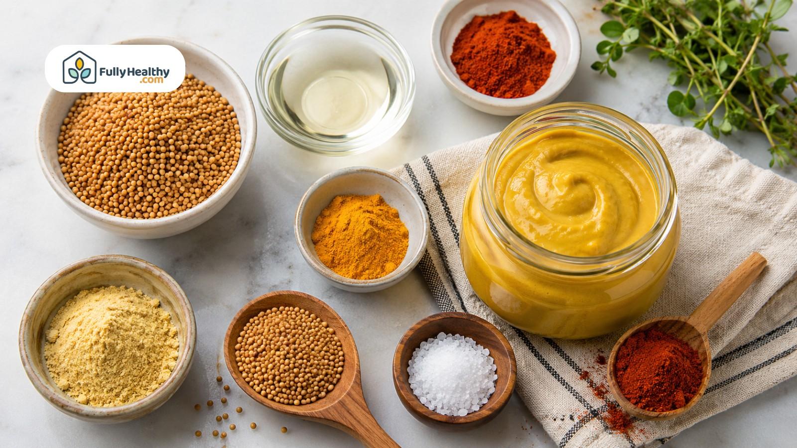 Mustard jar surrounded by seeds spices vinegar salt and mustard powder