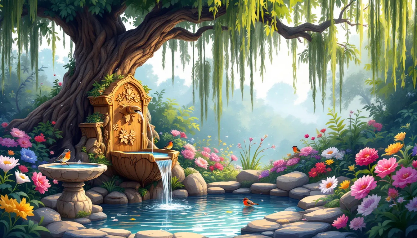 Ozdoby wodne, takie jak fontanny i oczka wodne w ogrodzie.