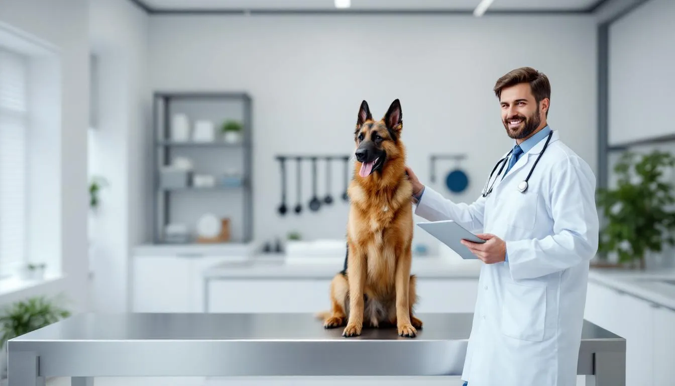 A veterinarian is carefully examining a healthy German Shepherd dog in a modern clinic, ensuring its optimal health and supporting its healthy immune system function. The professional is likely assessing the dog's overall wellness, which may include checking for healthy skin and joint support.