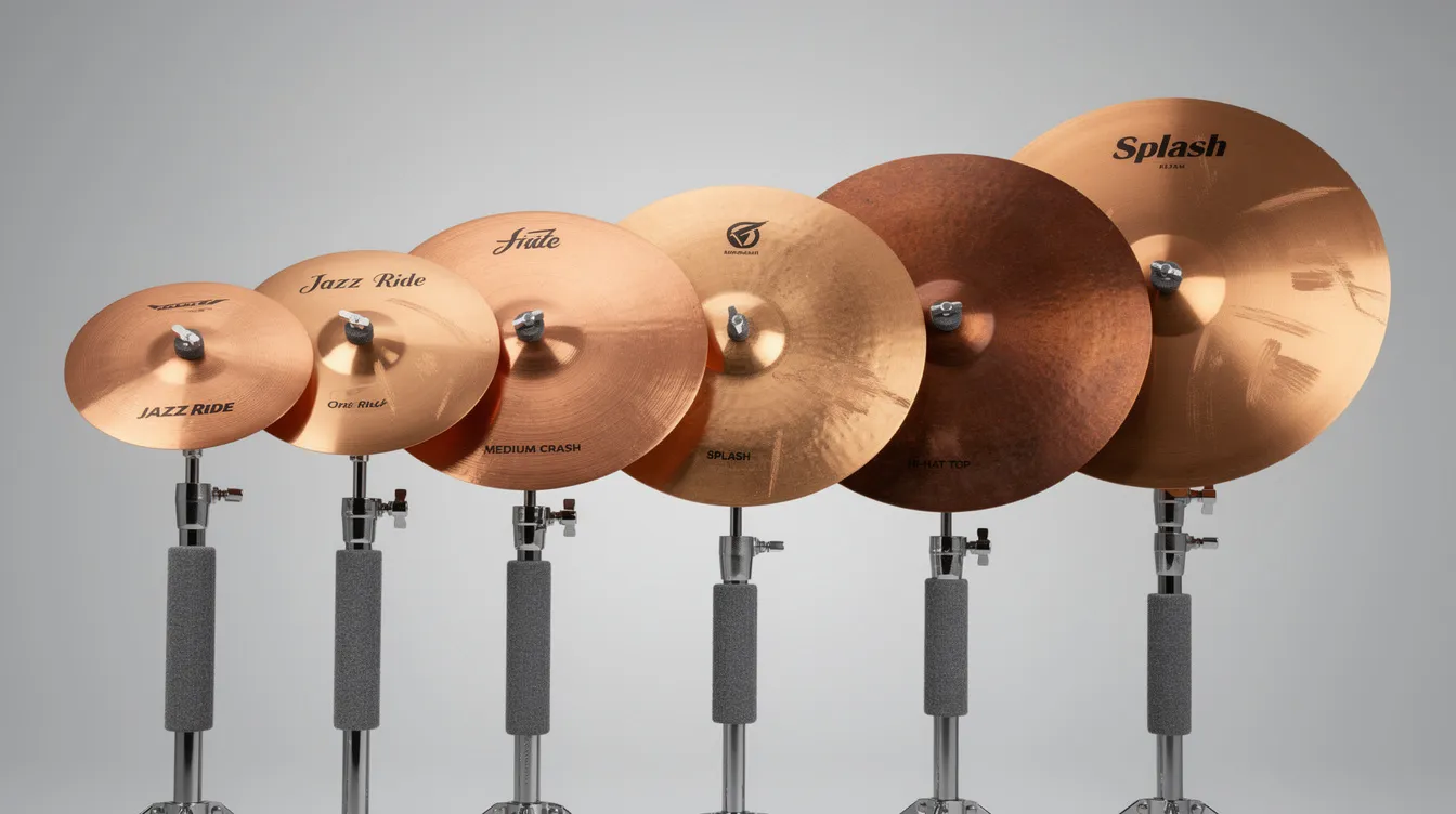 L'image montre plusieurs cymbales de différentes marques et tailles, soigneusement disposées sur des supports recouverts de feutre. Ces cymbales, comprenant des modèles crash, ride et hi-hat, illustrent un choix varié pour les batteurs, qu'ils soient débutants ou plus expérimentés.