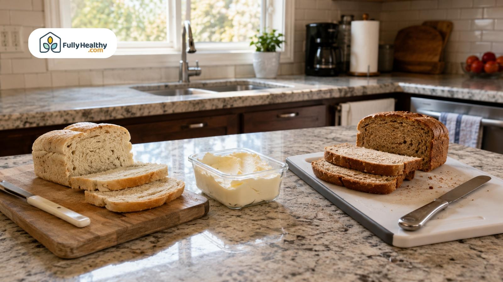 Cream cheese displayed between sliced white and whole grain bread in kitchen