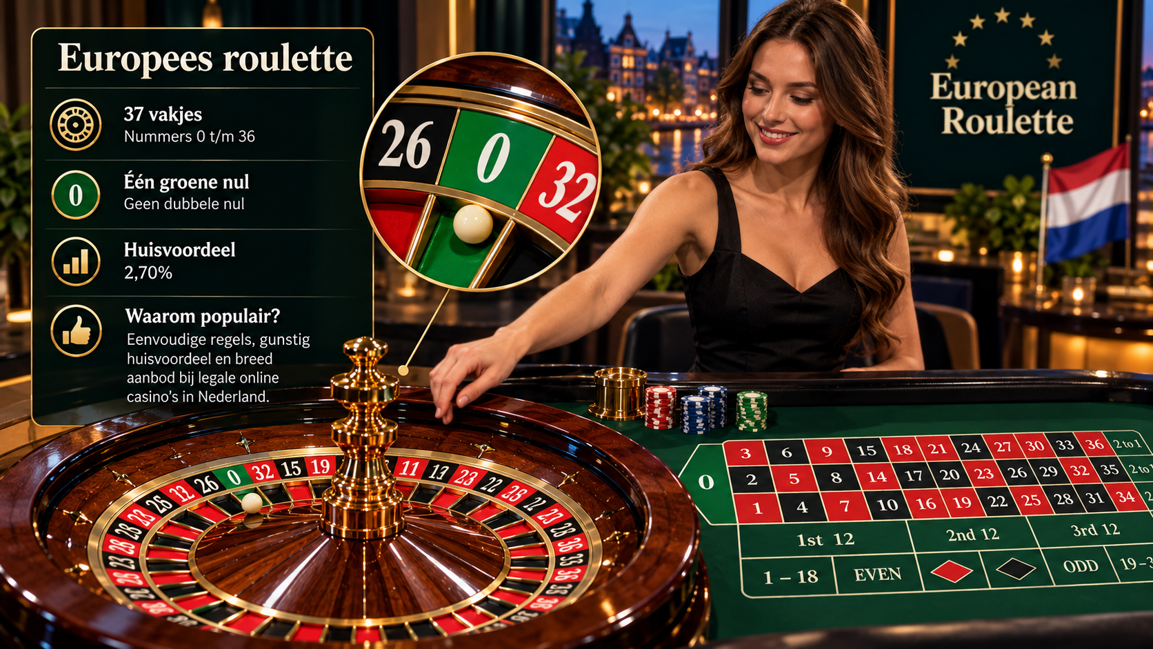Europees live roulette met croupier, 37 vakjes, één groene nul en huisvoordeel van 2,70%.