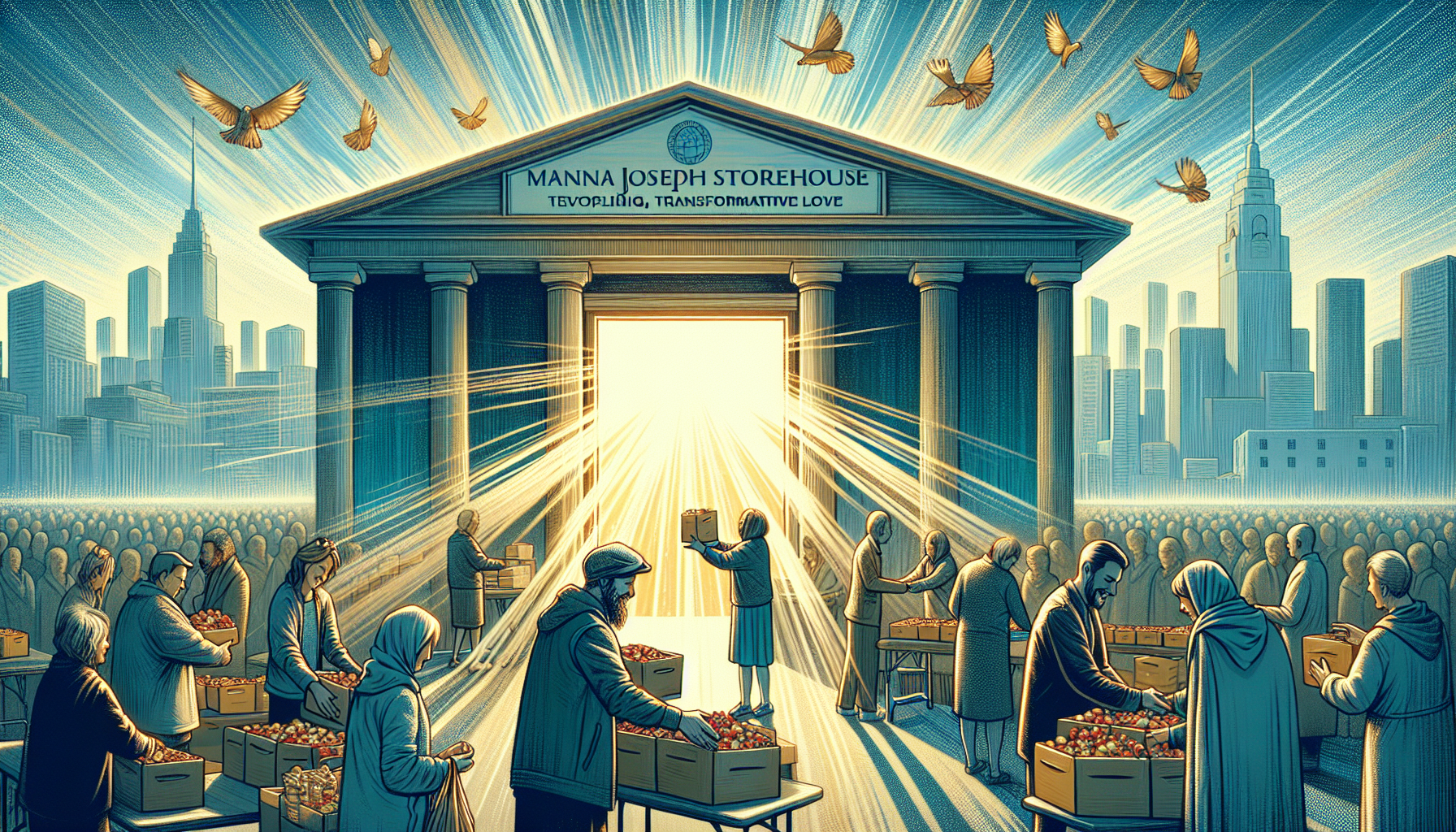 Illustration of outreach and mission activities by Manna Joseph Storehouse