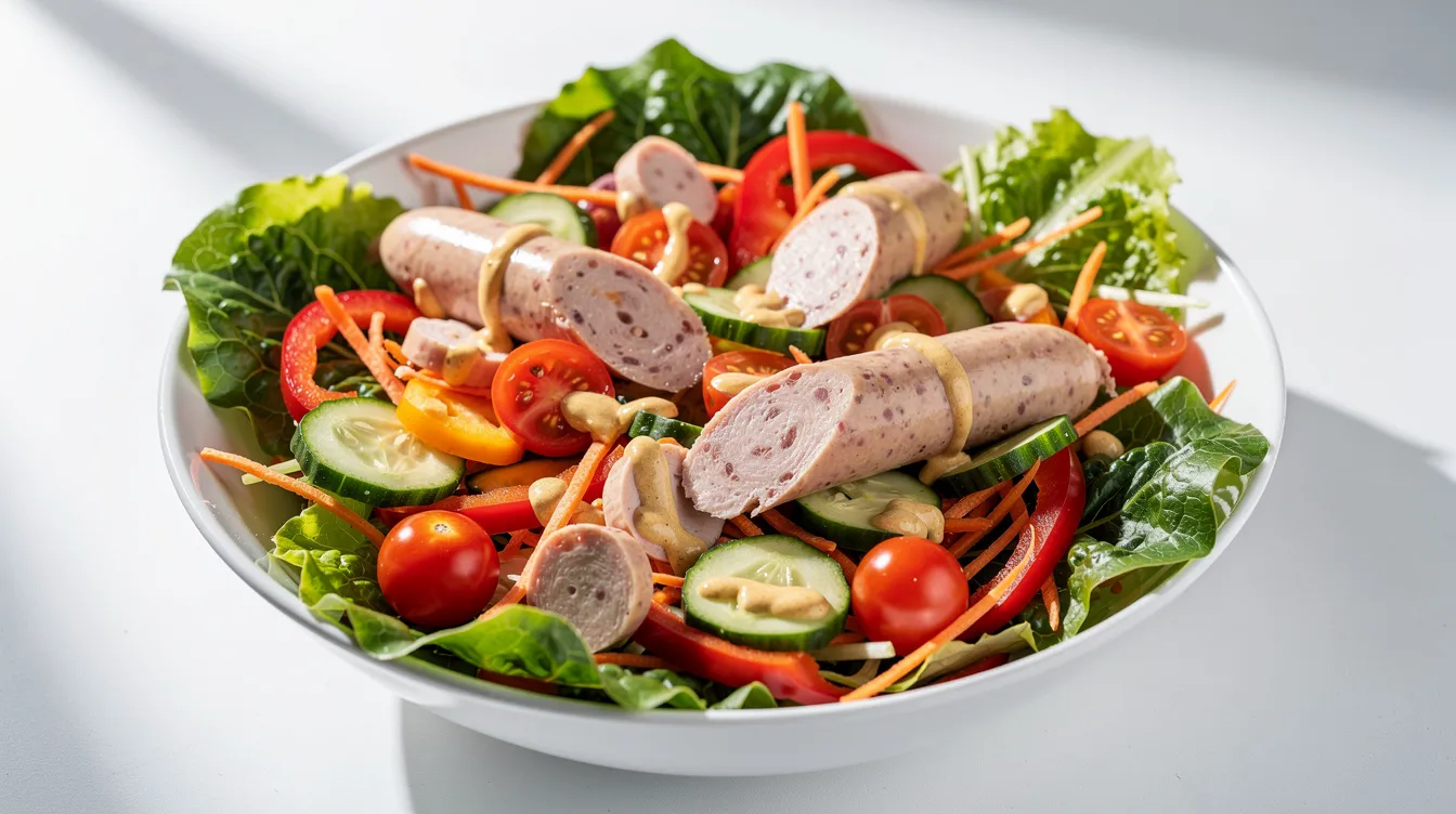Eine frische Salatschüssel mit zarten Weißwurstscheiben, buntem Gemüse wie Paprika und Zwiebeln sowie einem cremigen Joghurt-Senf-Dressing auf hellem Hintergrund. Dieses Gericht vereint bayerische Tradition und gesunde Zutaten, ideal für ein leichtes Mittagessen oder als Teil eines Weißwurstfrühstücks.
