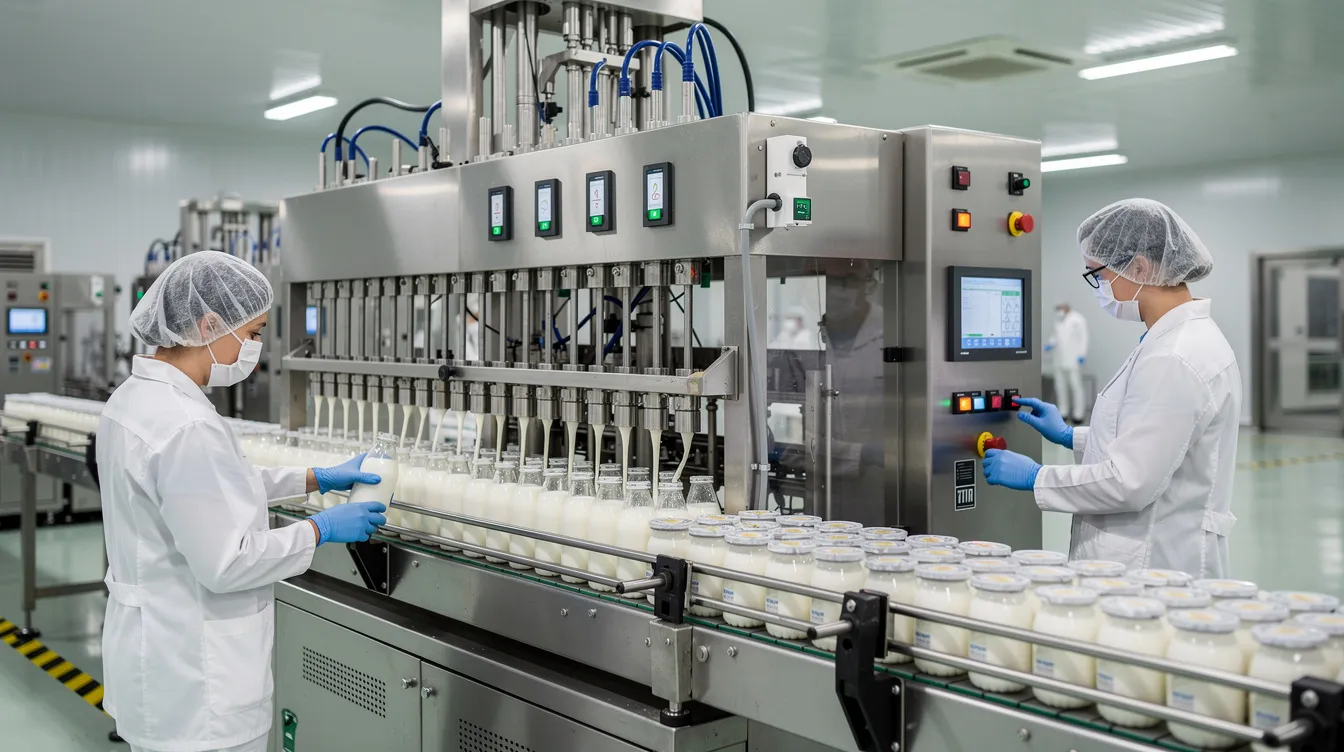 fa9efa2b 25c1 4906 9c13 511a17b8f910 The image depicts a modern dairy production line where workers are efficiently operating automatic filling machines to package lassi into cups and bottles. This hygienic production environment highlights the use of advanced dairy equipment to ensure quality control and smooth texture in the fermented dairy products being processed.