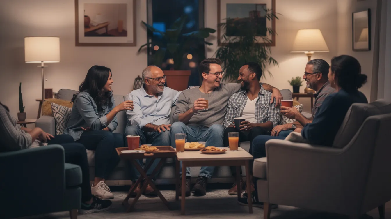A small group of people is gathered at a relaxed social event, engaging in deep conversations that foster emotional intimacy and connection. This setting highlights the importance of secure attachment styles in forming stable relationships and navigating the challenges of adult relationships shaped by childhood experiences.