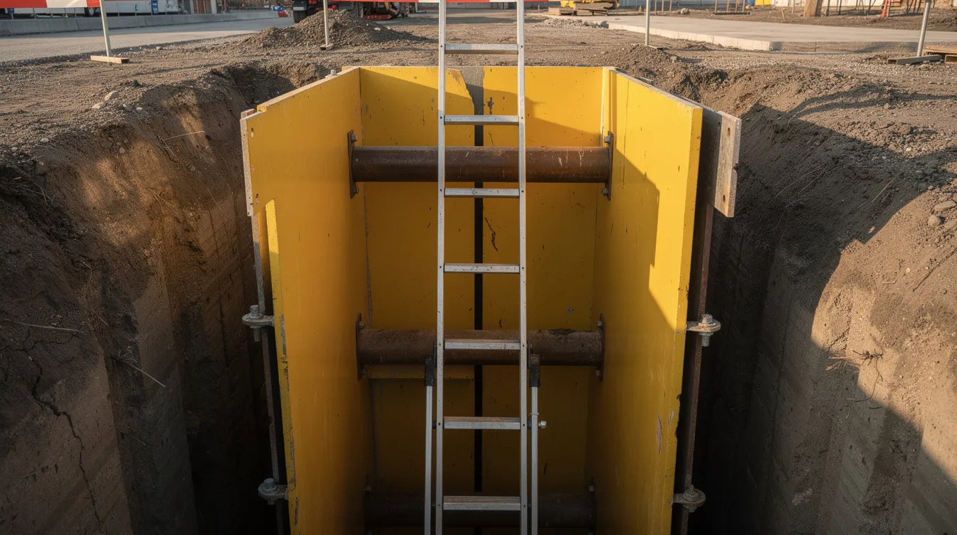 A close-up view of a yellow trench box securely installed in a deep excavation, with a ladder extending above grade level, emphasizing safety measures in construction sites. This image highlights the importance of trenching and excavation safety for skilled labor involved in various projects, including data center construction.